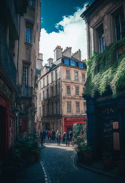 ヨーロッパ風の洋風建築が立ち並ぶ路地裏の街並み