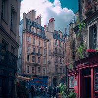 ヨーロッパ風の石畳路地に立ち並ぶ西洋建築の写真