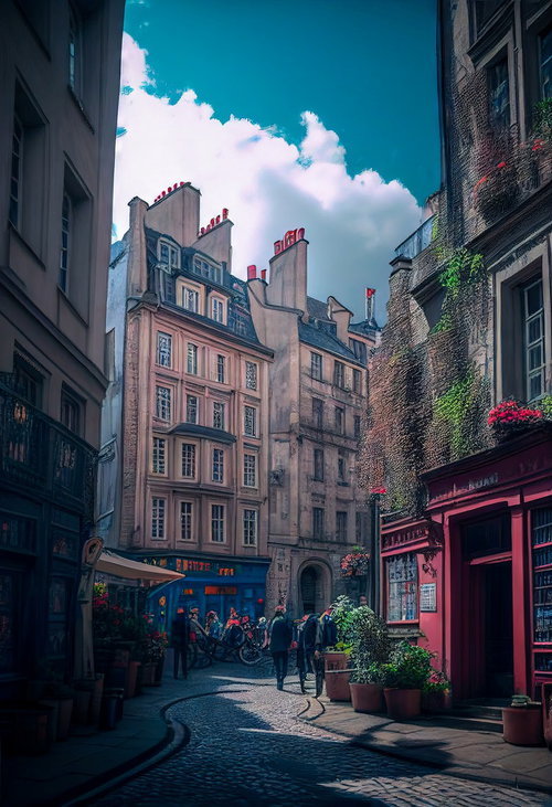 ヨーロッパ風の石畳路地に立ち並ぶ西洋建築