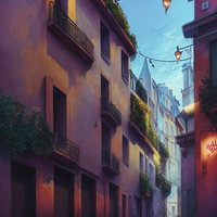 路地裏を取り囲む外壁と夜のランタンの写真