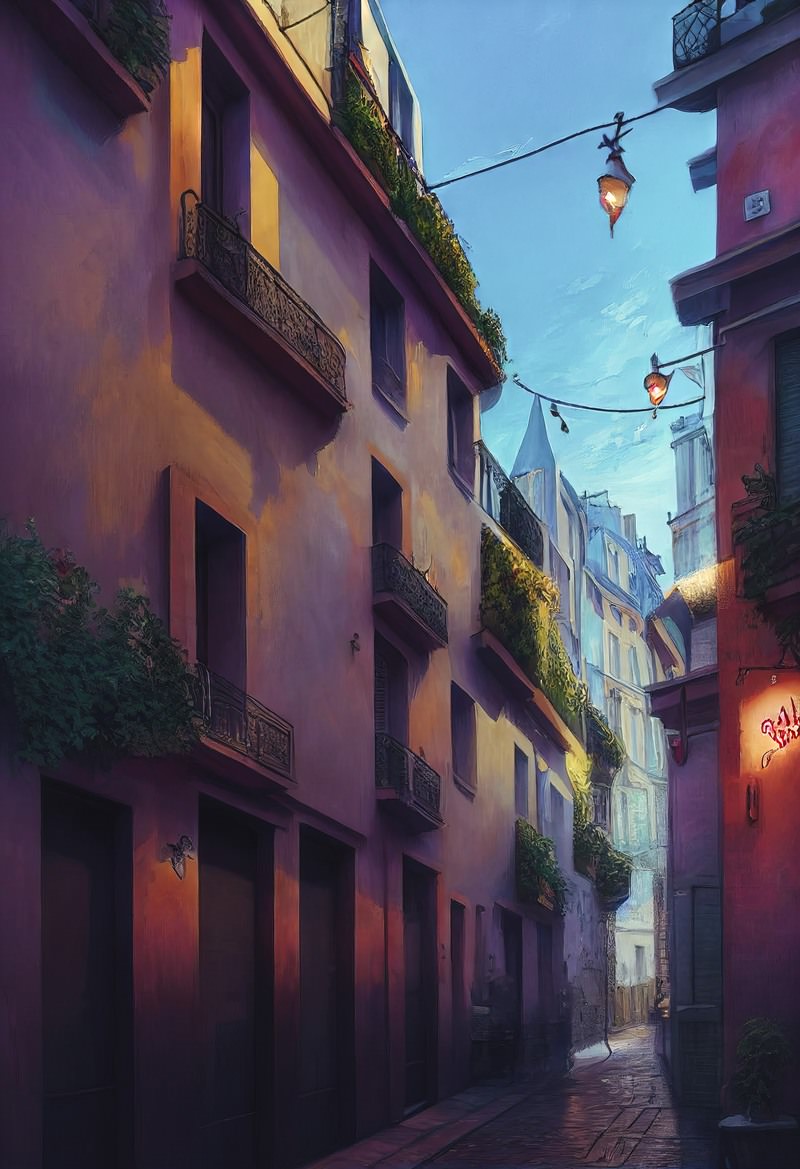 ランタンが灯るヨーロッパ風の夜の路地裏