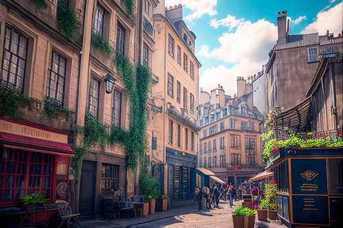 ヨーロッパ風の路地で行き交う観光客と石造建築の街並み