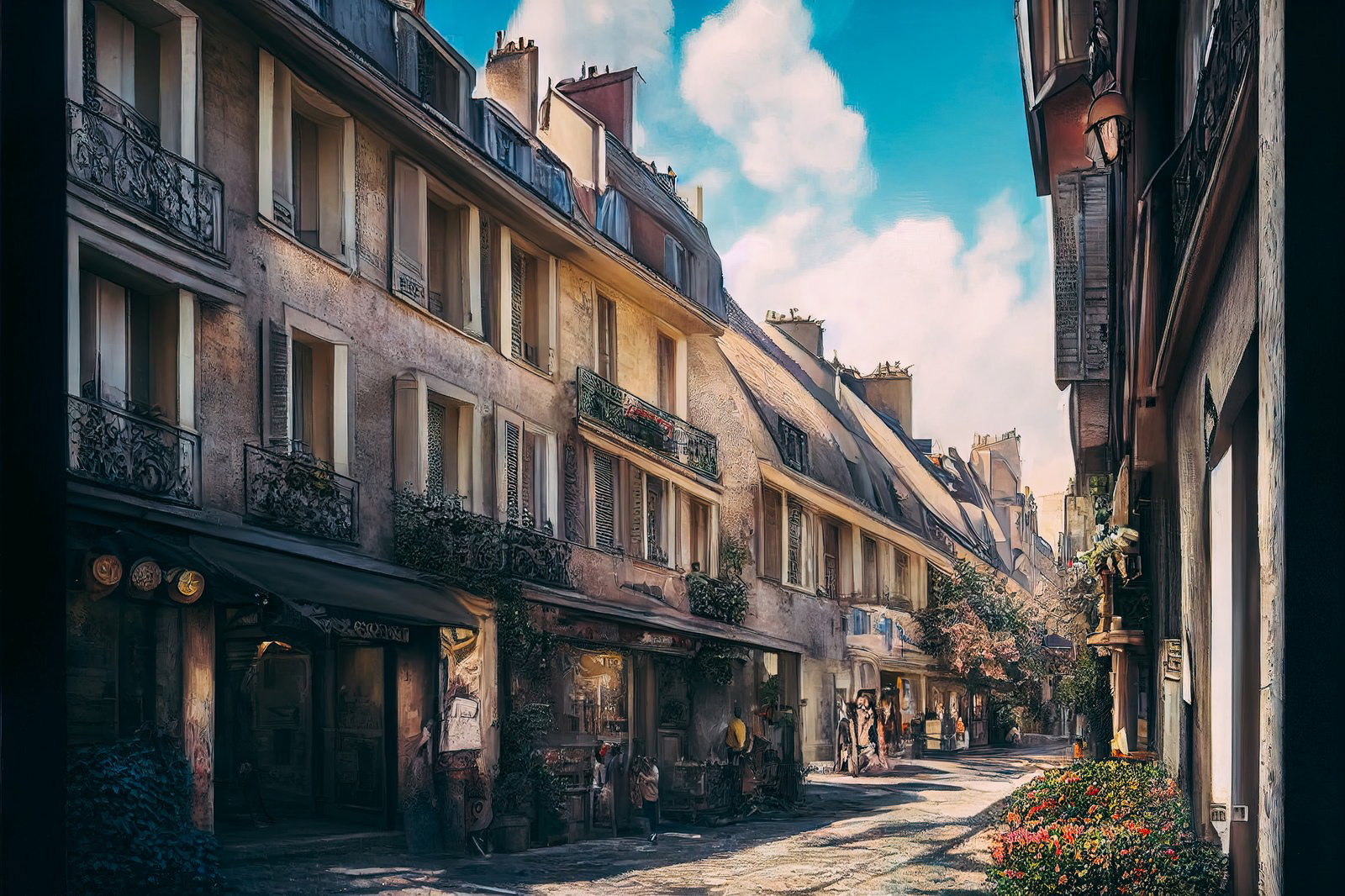 ヨーロッパ風の石畳の路地に並ぶ洋風建築と路面店