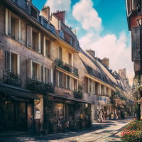 ヨーロッパ風の路地に並ぶ洋風建築の路面店の写真