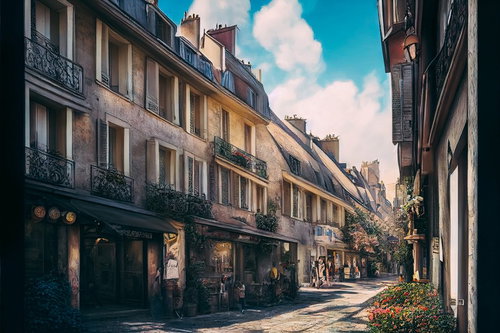 ヨーロッパ風の路地に並ぶ洋風建築の路面店