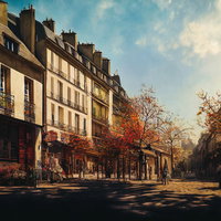 秋の路地に伸びる影、ヨーロッパ風の街並みの写真