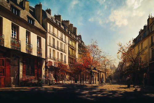 秋の路地に伸びる影、ヨーロッパ風の街並み