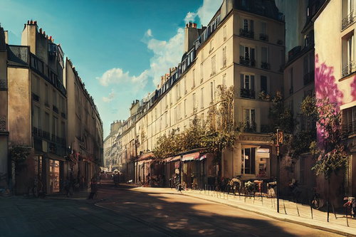 パリ風の洋風建築が立ち並ぶ路地裏テラスの街並み