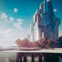 水面に映る近未来建築物の畔風景 高層ビル群のリバーサイド都市景観の写真