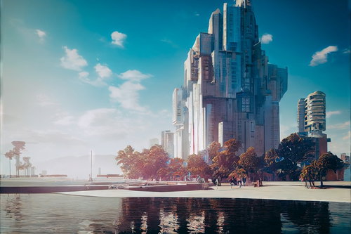 水面に映る近未来建築物の畔風景 高層ビル群のリバーサイド都市景観