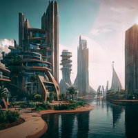 水路が走るSFチックな近未来の風景、赤銅色建築と高層ビル群の写真