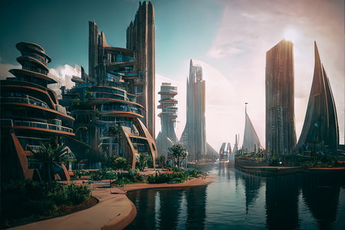 水路が走るSFチックな近未来の風景、赤銅色建築と高層ビル群