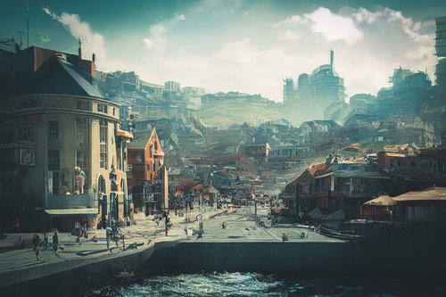 港から望む坂道の街並み 黄色い建物とウォーターフロント