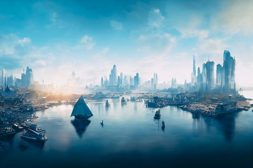 水辺に浮かぶタワーと輝く港町の街並み、朝日に照らされた未来都市