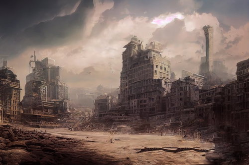 荒廃した都市で朽ちゆく高層ビルの風景と崩れ落ちた建材