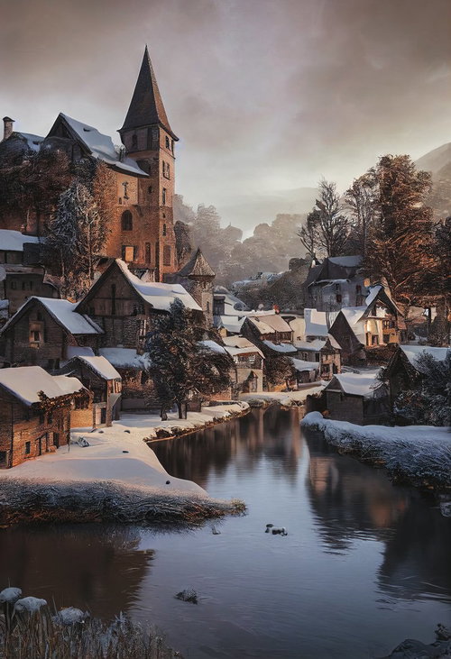 雪積もる小川沿いの教会と集落の冬景色、積雪に覆われたヨーロッパ風の村落風景