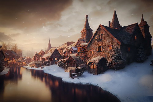 雪降る川沿いのヨーロッパ風集落の夜景イルミネーション