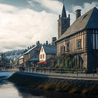 中世ヨーロッパ風の西洋建築が立ち並ぶ街並みの写真