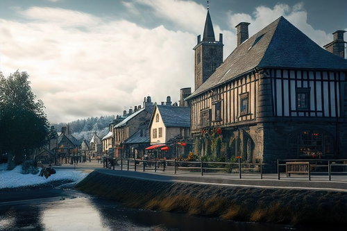 中世ヨーロッパ風の西洋建築が立ち並ぶ街並み