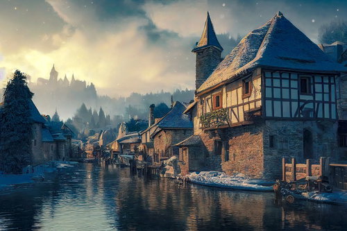 雪国の小川沿いに佇む中世風の集落と降雪、針葉樹林と城塞