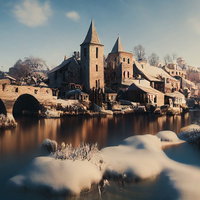 川に積もる雪と城塞風の集落、石造建築とアーチ橋の写真