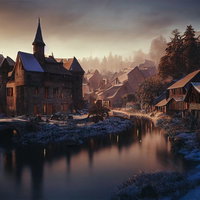 雪が積もる川沿いの雪国風集落と日暮れ前の町並みの写真