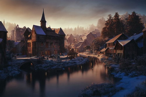 雪が積もる川沿いの雪国風集落と日暮れ前の町並み