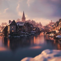 雪国の集落を分ける川沿いの西洋風街並み、石造建築の夕暮れの写真
