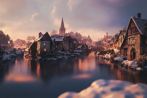 雪国の集落を分ける川沿いの西洋風街並み、石造建築の夕暮れ