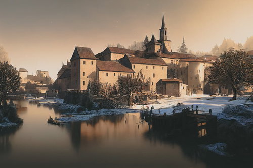 冬の積雪が映える船着き場のある川沿いの町