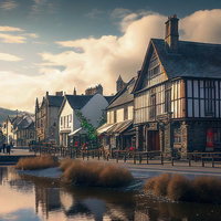 池のある西洋風の町並み：石造りとハーフティンバーの歴史的街道の写真