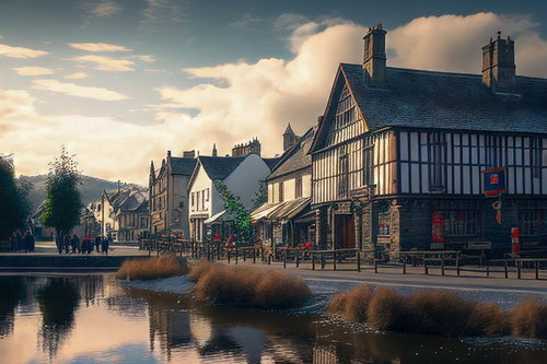 池のある西洋風の町並み：石造りとハーフティンバーの歴史的街道