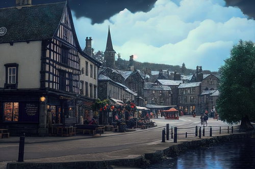 石造りの路面店が立ち並ぶ中世風メインストリート