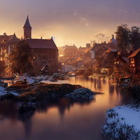 夕暮れに染まる雪国の古い町並み、塔と川のある集落風景の写真