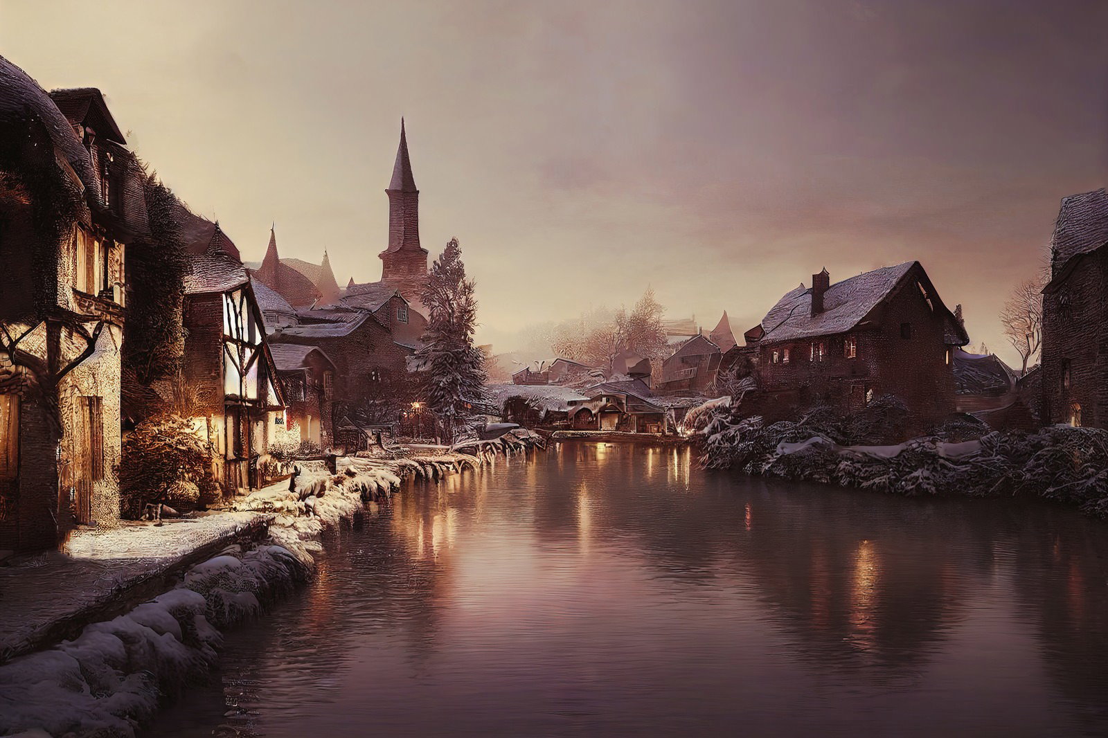 雪が積もる西洋建築の集落で、川に映り込む灯りと夜景