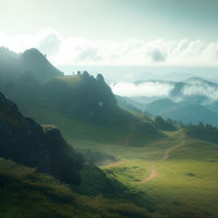 雲海に浮かぶ山々と登山道が続く高原の風景の写真