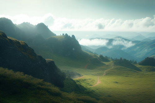 雲海に浮かぶ山々と登山道が続く高原の風景