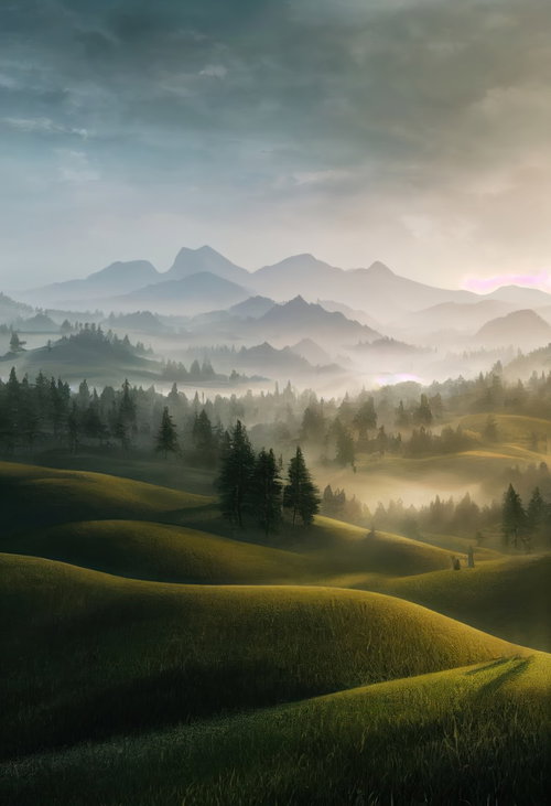 朝靄に包まれた高原の山々と霧の風景 - 層状に連なる針葉樹林と朝日