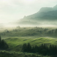針葉樹が立つ霧の高原の丘の写真