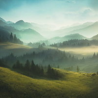 朝霧に覆われた丘と山々の渓谷風景の層状に重なる山肌の写真