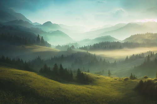 朝霧に覆われた丘と山々の渓谷風景の層状に重なる山肌