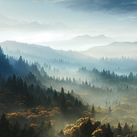 霧に包まれた木々が生い茂る山々の丘と渓谷の写真