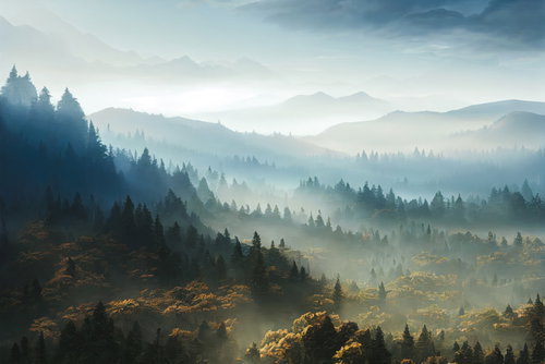 霧に包まれた木々が生い茂る山々の丘と渓谷