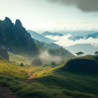 丘上から見下ろす雲海と断崖の峡谷、山々の風景の写真