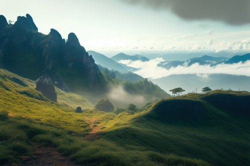 丘上から見下ろす雲海と断崖の峡谷、山々の風景