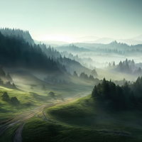 朝霧が立ち込める高原の登山道を進む針葉樹林と遠くの山並みの写真