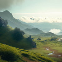 幽玄なる山間の霧と渓谷 - 濃霧が立ち込める北欧風ランドスケープの写真