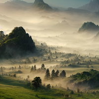 山の静寂と霧深い自然の写真