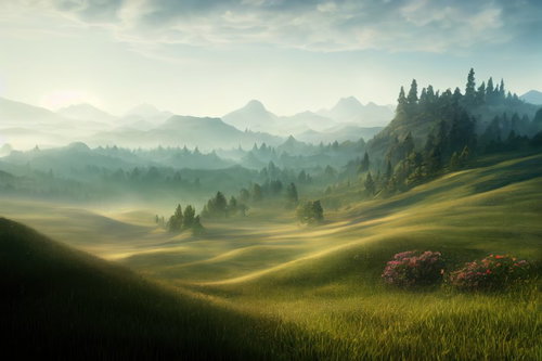 朝靄に包まれた草原の目覚め、遠く山々を望む