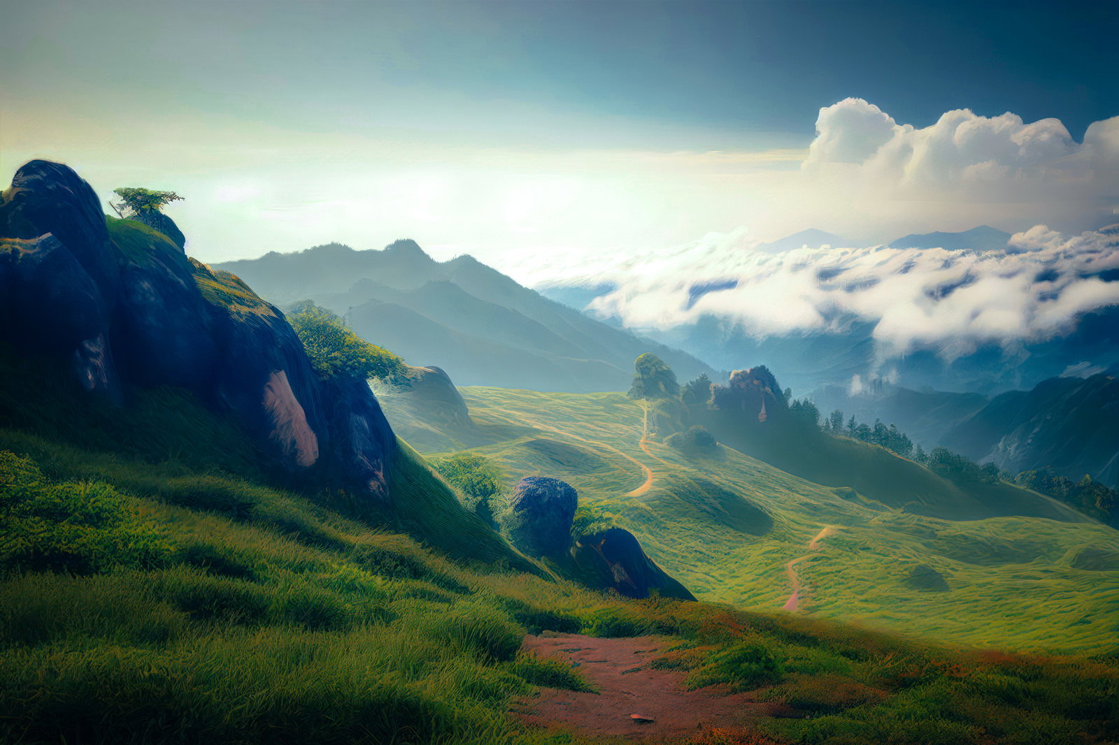 登山道の草原から見える雲海と山並みの風景